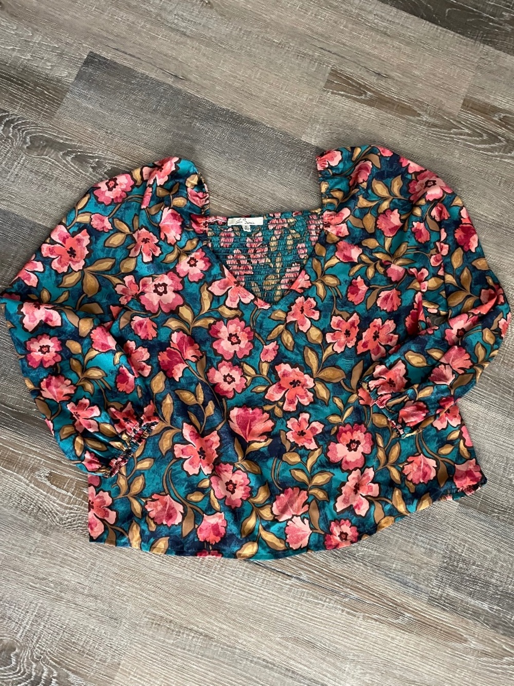 Smocked Back Square Neck Floral Blouse, Size XL